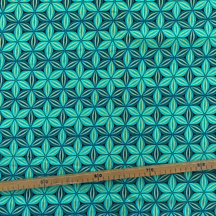 Tissu Wax pailleté turquoise imprimé Fleur de Vie