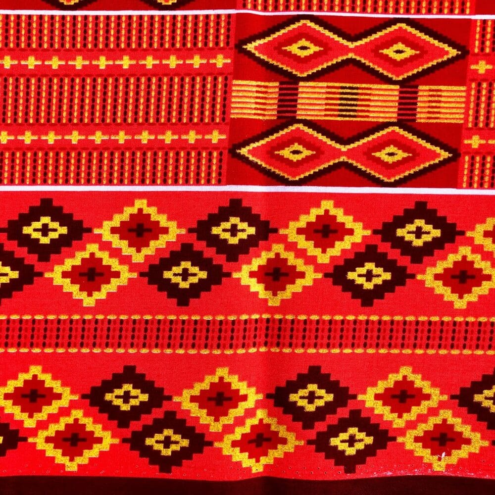 Tissu Wax pailleté rouge bordeaux imprimé Kente bordure