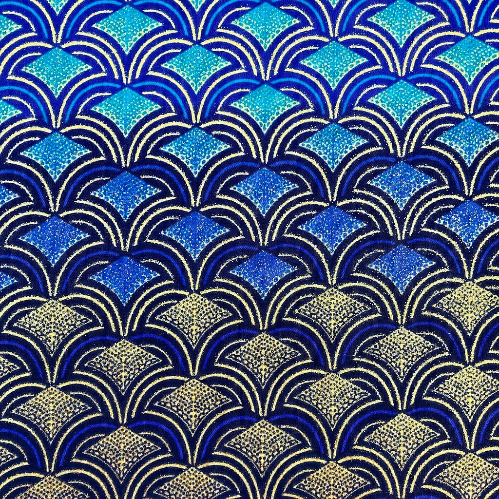 Tissu Wax pailleté dégradé bleu imprimé Ecailles détail foncé