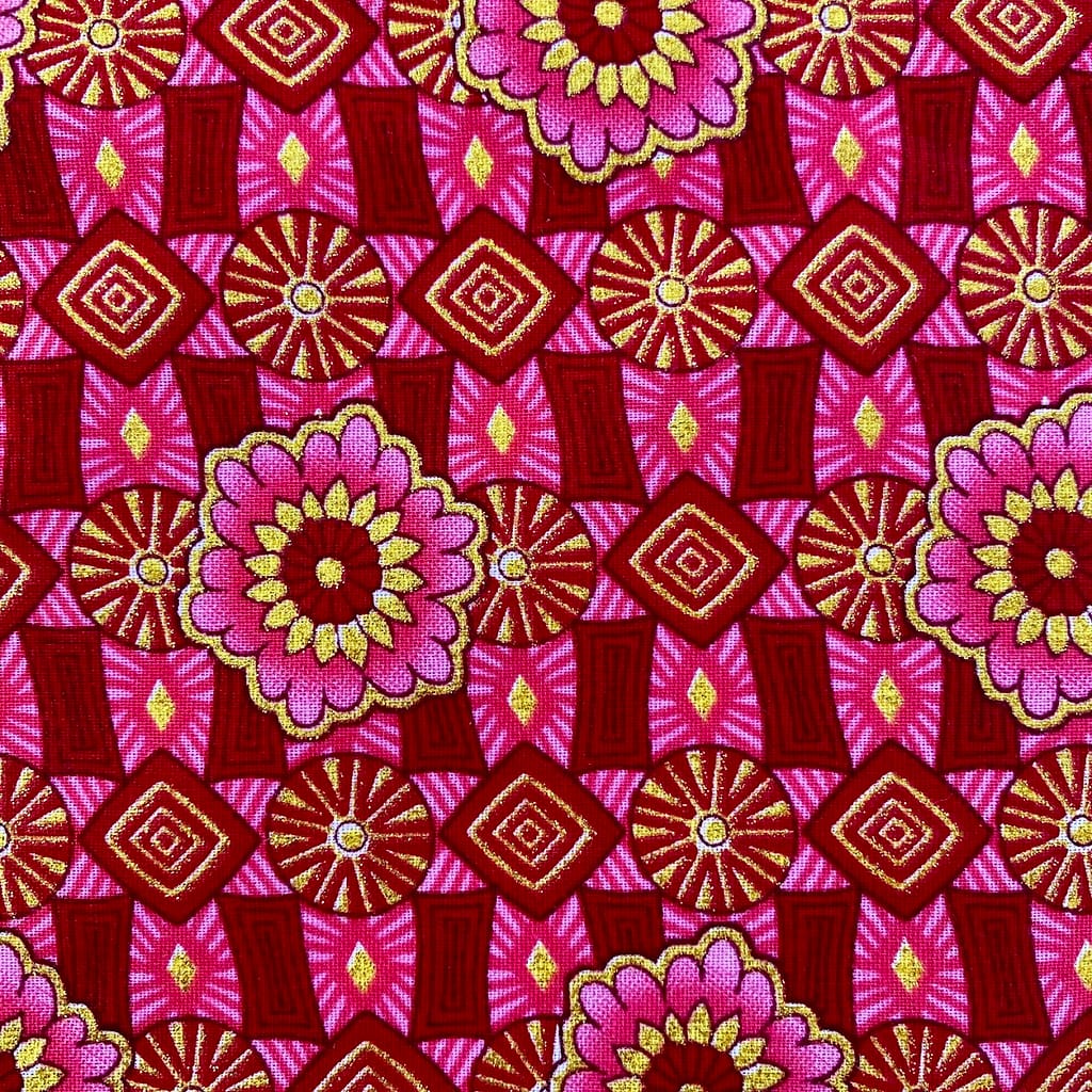 Tissu Wax pailleté rouge rose imprimé Jap détail
