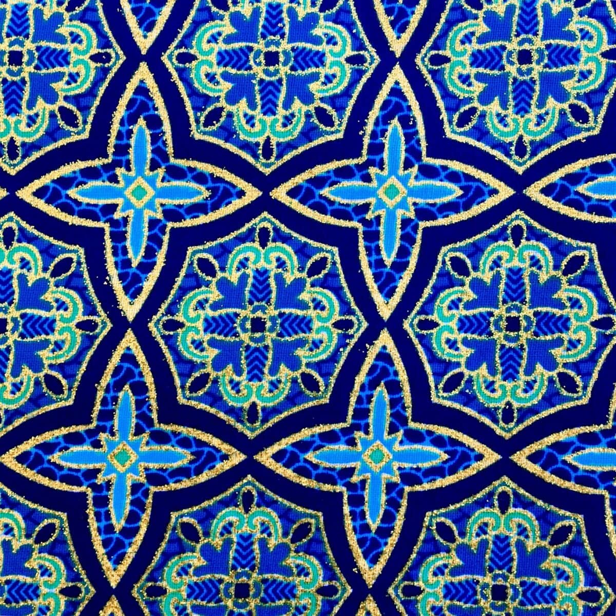 Tissu Wax pailleté bleu imprimé Tuiles détail