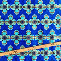 Tissu Wax pailleté bleu doré imprimé Fleurs