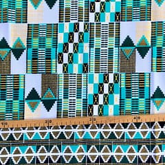 Tissu Wax pailleté vert turquoise imprimé Kente
