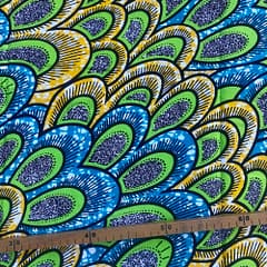 Tissu Wax bleu turquoise jaune imprimé Paon