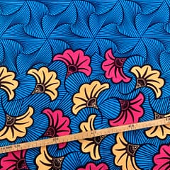 Tissu Wax bleu rose crème imprimé Fleur de mariage