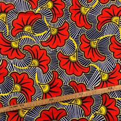 Tissu Wax rouge orangé noir imprimé Fleur de mariage