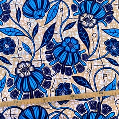 Tissu Wax bleu beige imprimé Pavot