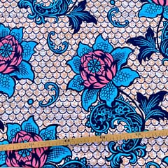 Tissu Wax bleu beige rose imprimé Floralisant