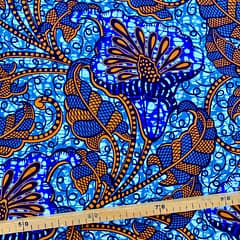 Tissu Wax bleu orange imprimé Arum