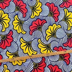 Tissu Wax rouge orangé jaune imprimé Fleur de Mariage