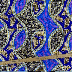 Tissu Wax pailleté bleu doré imprimé Feuilles