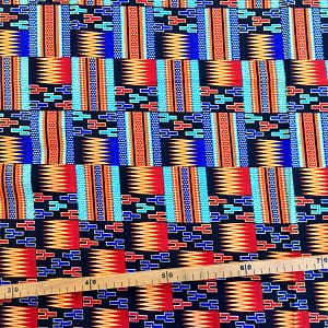 Tissu Wax pailleté noir orange imprimé Kente