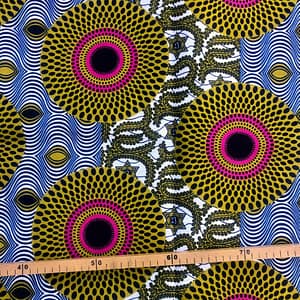 Tissu Wax kaki rose imprimé Disques étoilés