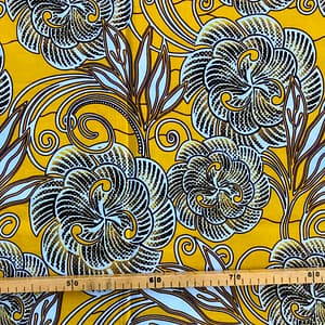 Tissu Wax moutarde gris imprimé Floral