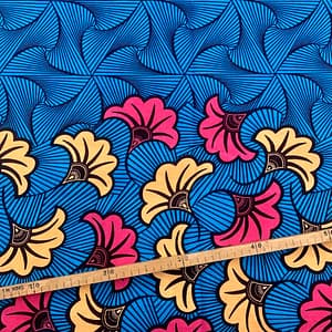 Tissu Wax bleu rose crème imprimé Fleur de mariage