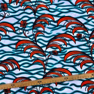 Tissu Wax orange turquoise imprimé Flamboyant