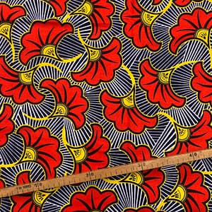 Tissu Wax rouge orangé noir imprimé Fleur de mariage