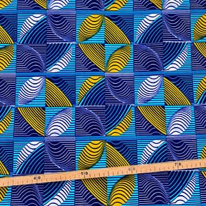 Tissu Wax bleu turquoise moutarde imprimé Géométrique