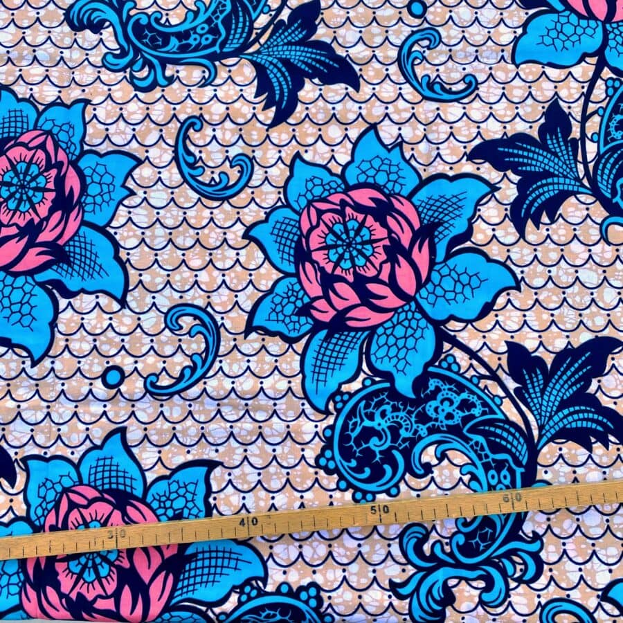 Tissu Wax bleu beige rose imprimé Floralisant