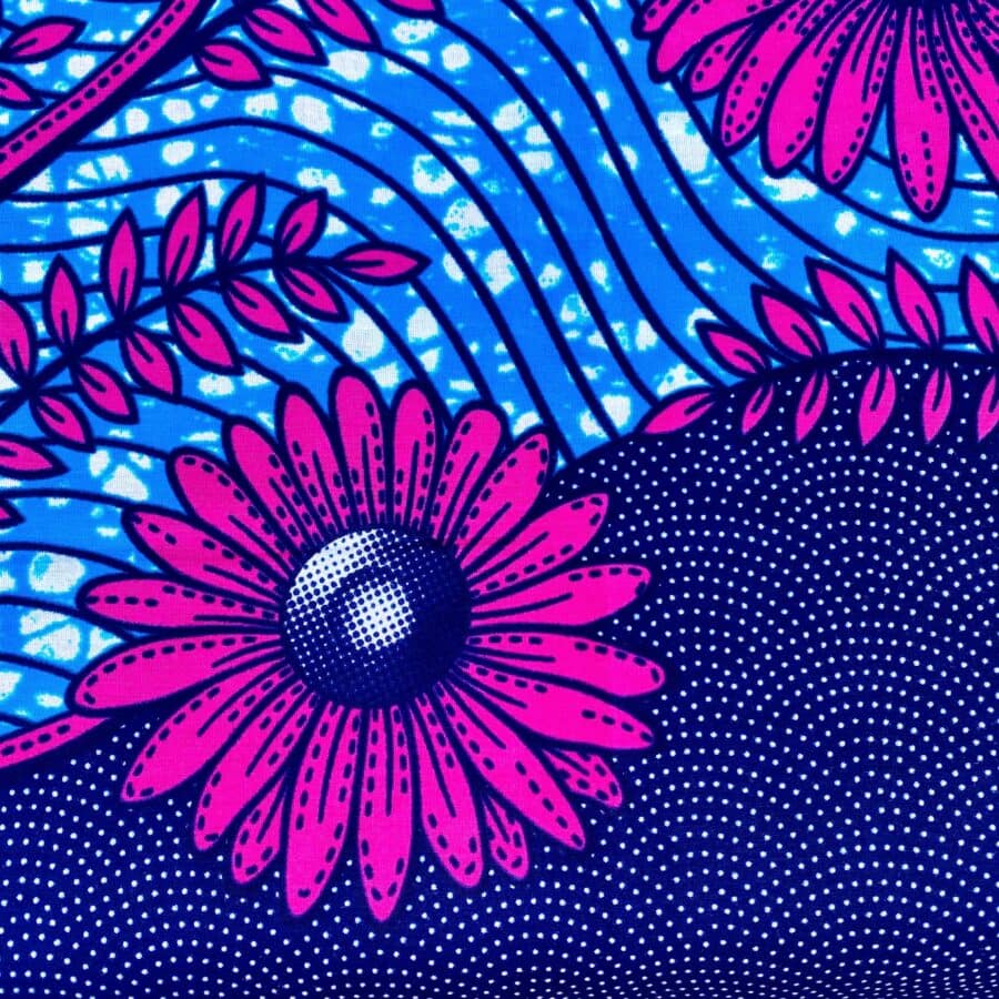 Tissu Wax bleu fuchsia imprimé Floral détail bordure