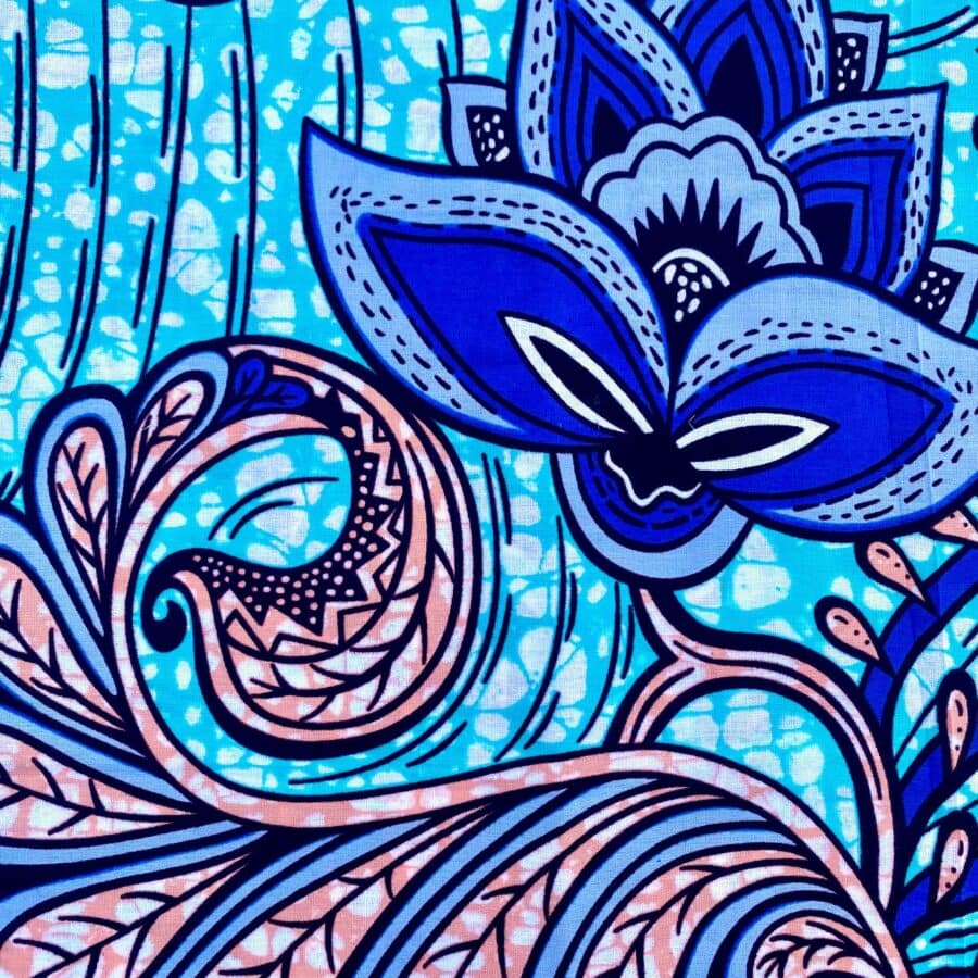 Tissu Wax bleu gris saumon imprimé Colorifleur détail