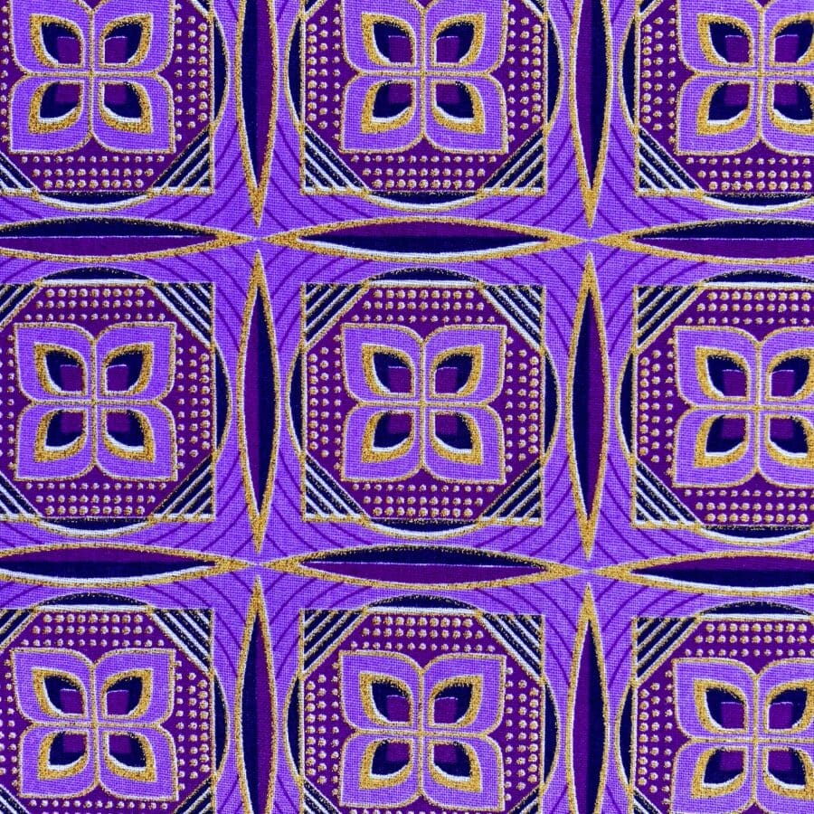 Tissu Wax pailleté violet imprimé Carré floral détail