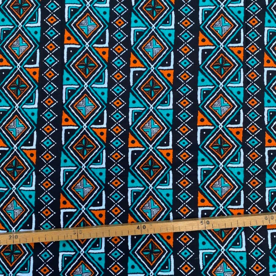 Tissu Wax orange turquoise imprimé Géo 1