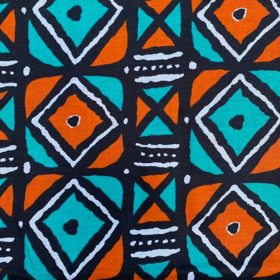 Tissu Wax orange turquoise imprimé Géo 2 détail