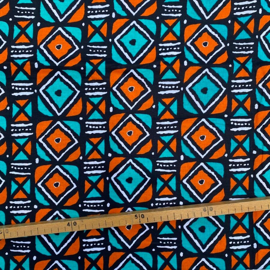 Tissu Wax orange turquoise imprimé Géo 2