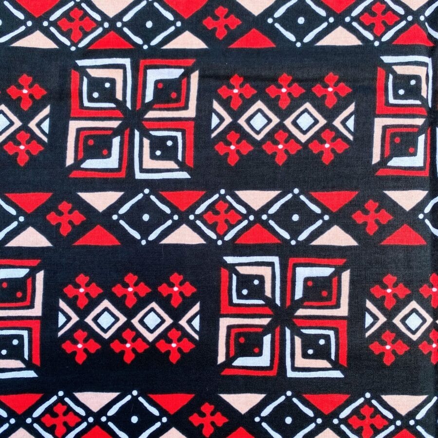 Tissu Wax rouge beige imprimé Géo détail